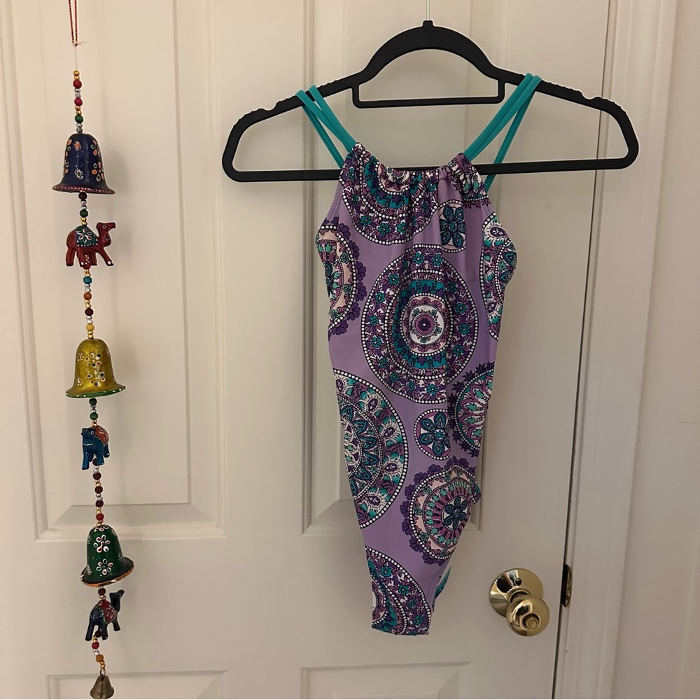 Okami Vibrant Purple Mandala Design Swimsuit with Teal Straps 14